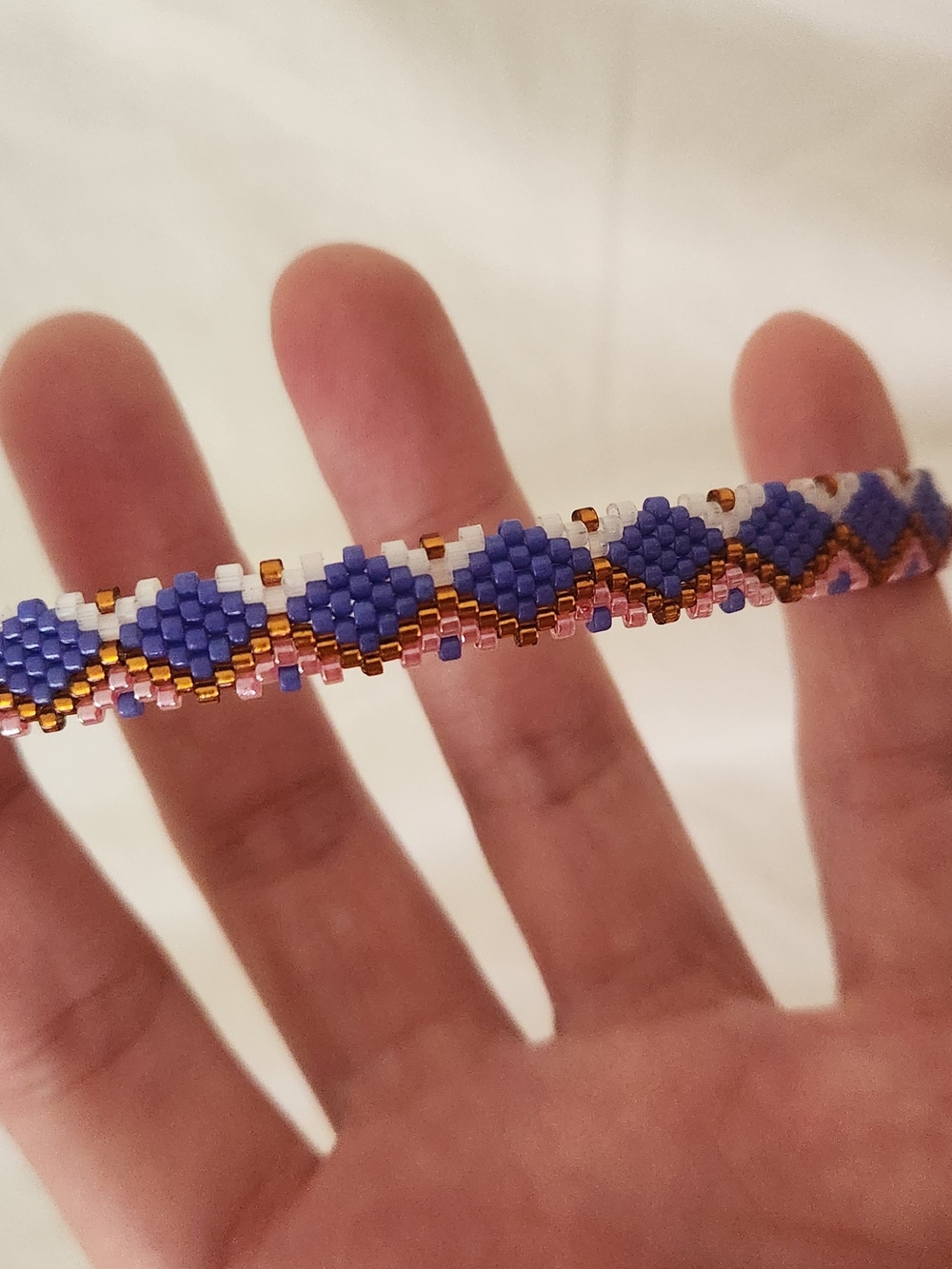 Handwoven Bead Geometrical Bracelet in Purple, Pink, White & Gold